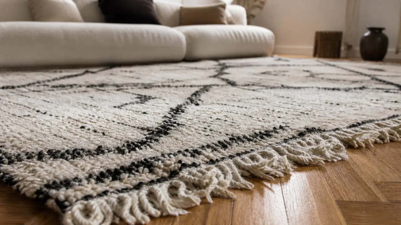Tapis berbere blanc et noir Beni Ouarain, laine épaisse, losanges et franges